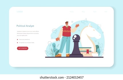 Political scientist web banner or landing page. Studying of political ideas, institutions and election system. Political analyst studying politics strategy and law making. Flat vector illustration