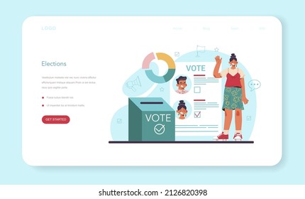 Political scientist web banner or landing page. Studying of political ideas, institutions and election system. Political analyst studying politics strategy and law making. Flat vector illustration