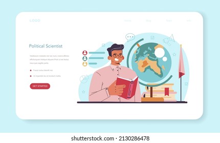 Political scientist web banner or landing page. Studying of political ideas, institutions and election system. Political analyst studying politics strategy and law making. Flat vector illustration
