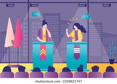 Political show on tv. Two female politician guests debate in modern television studio. Business characters on tv. Interview, media event. Television talk show, live streaming. vector illustration