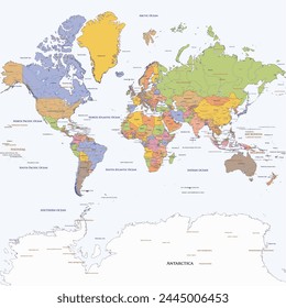 Political simple world map Mercator projection