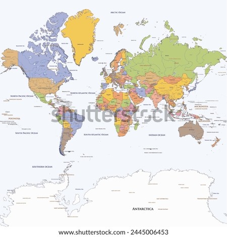 Political simple world map Mercator projection