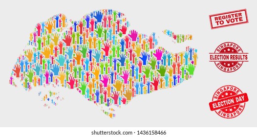 Political Singapore map and seal stamps. Red rectangle Register to Vote scratched seal stamp. Bright Singapore map mosaic of raised raising arms. Vector collage for election day, and ballot results.