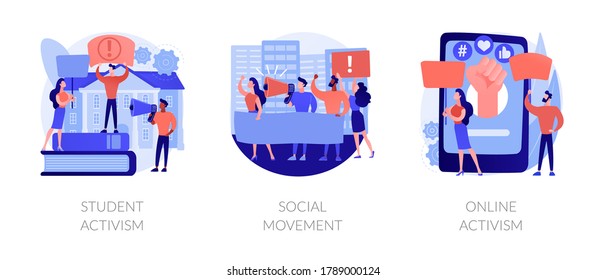 Political And Social Change Abstract Concept Vector Illustration Set. Student And Online Activism, Social Movement, Big Crowd, Mass Protest, Group Action, Digital Communication Abstract Metaphor.