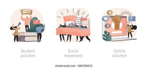 Political And Social Change Abstract Concept Vector Illustration Set. Student And Online Activism, Social Movement, Big Crowd, Mass Protest, Group Action, Digital Communication Abstract Metaphor.