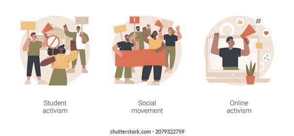 Political and social change abstract concept vector illustration set. Student and online activism, social movement, big crowd, mass protest, group action, digital communication abstract metaphor.