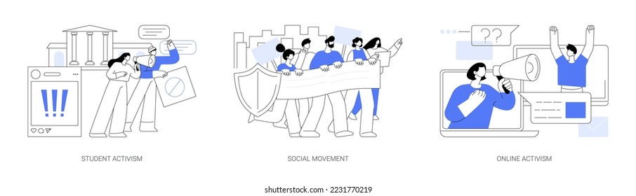 Political and social change abstract concept vector illustration set. Student and online activism, social movement, big crowd, mass protest, group action, digital communication abstract metaphor.