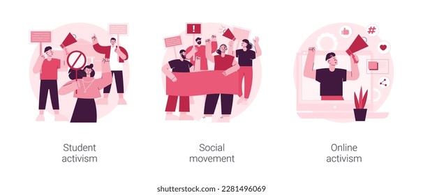 Political and social change abstract concept vector illustration set. Student and online activism, social movement, big crowd, mass protest, group action, digital communication abstract metaphor.