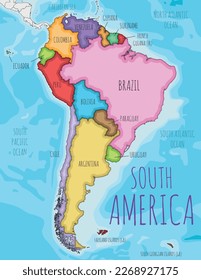 Political South America Map vector illustration with different colors for each country. Editable and clearly labeled layers.