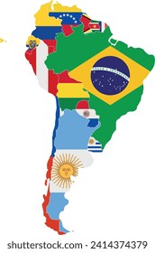 Political South America Map vector illustration with the flags of all countries. Editable and clearly labeled layers.