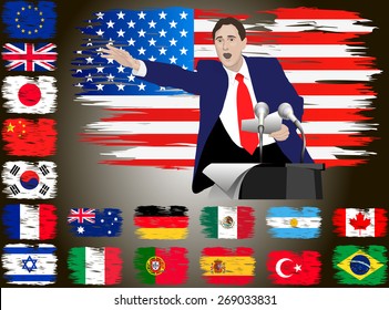 Political speaker. Orator speaks with a vigorous speech at the podium with a microphone. Flag of the country in background. US, EU, UK, Japan, France, Germany and others. Image. Vector. Icon.