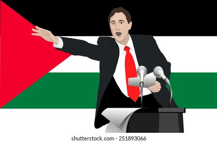 Political speech speaker. Orator speaks with a vigorous at the podium with a microphone. Flag of Palestine. Image. Vector. Icon.