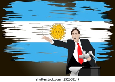 Political speech speaker. Orator speaks with a vigorous at the podium with a microphone. Flag of Argentina in the background. Image. Vector. Icon.