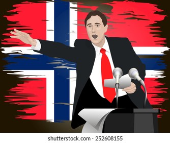 Political speech speaker. Orator speaks with a vigorous at the podium with a microphone. Flag of Norway in the background. Image. Vector. Icon.