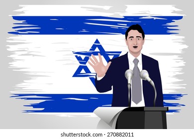 Political speech speaker. Orator speaks with a vigorous at the podium with a microphone. Flag of Israel in the background. Image. Vector. Icon.