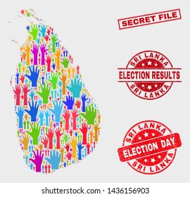 Political Sri Lanka map and seal stamps. Red rectangular Secret File grunge seal stamp. Colorful Sri Lanka map mosaic of upwards election arms. Vector collage for election day, and ballot results.