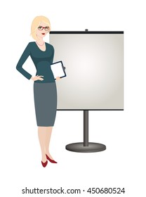 Political strategist  is standing next to stand on white background.  Specialist in public relations, stand attendant, coordinator, PR Manager. Isolated vector illustration. Vertical location.