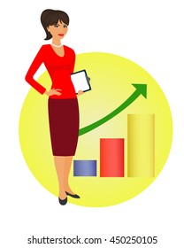 Political strategist is standing on the background of the rising graph.  Specialist in public relations,  coordinator, PR Manager and etc.  Isolated vector illustration. Vertical location.