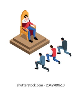 Political system isometric icon with monarch on throne and kneeling people on white background isolated vector illustration