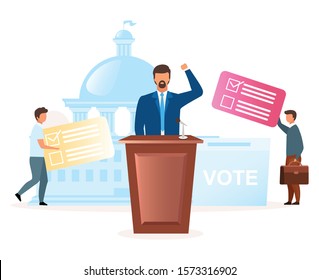 Political System Metaphor Flat Vector Illustration. Election Campaign. Choosing President, Parliament. Confrontation Beetween Parties. Act Of Democracy. Voting For New Leader Cartoon Characters