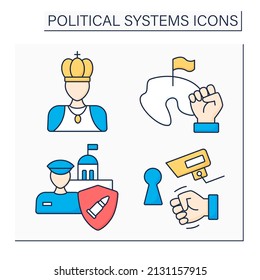 Political systems color icons set. Republic, monarchy, military regime, totalitarianism. Sociology concept.Isolated vector illustrations