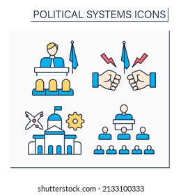 Political systems color icons set. Patriarchate, opposition, technocracy, structure political. Sociology concept.Isolated vector illustrations