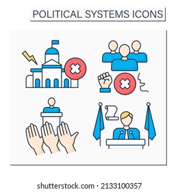 Political Systems Color Icons Set. Anarchy, Authoritarian Regime, Democracy, President. Sociology Concept.Isolated Vector Illustrations