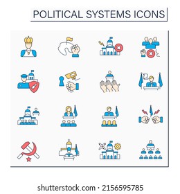 Political systems color icons set. Orderly multi-faceted system of state and non state relations and social institutions. Sociology concept.Isolated vector illustrations