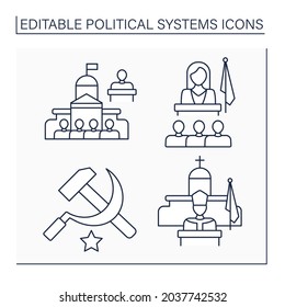 Political Systems Line Icons Set. Parliament, Matriarchate, Communism, Theocracy. Sociology Concept.Isolated Vector Illustrations.Editable Stroke