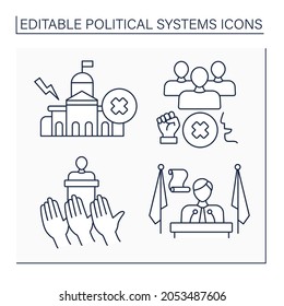 Political Systems Line Icons Set. Anarchy, Authoritarian Regime, Democracy, President. Sociology Concept.Isolated Vector Illustrations.Editable Stroke