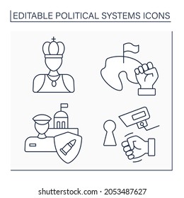 Political systems line icons set. Republic, monarchy, military regime, totalitarianism. Sociology concept.Isolated vector illustrations.Editable stroke