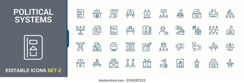 Political Systems line icons set. Featuring democracy, political, voting, campaign, politics, democrat and more. Political icon collection. Thin outline icons pack. Minimalist icon collections.