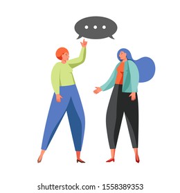 Political talk, dispute between two women cartoon characters, vector flat illustration isolated on white background. Policy dialog, discussing politics, election campaign, political conversation.