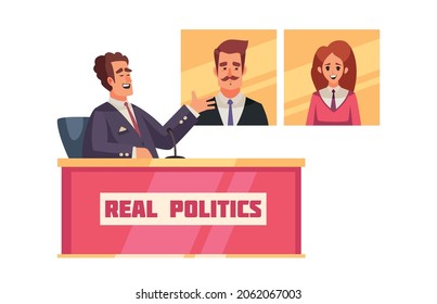 Political talk show composition with character of show host sitting at table discussing candidates vector illustration