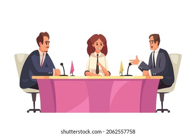 Political talk show composition with view of meeting table with politicians talking in microphones vector illustration