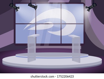 Political Talk Show Studio Flat Color Vector Illustration. Empty Stage 2D Cartoon Interior With Screens On Background. Professional Television Program Production. Tribunes On Podium In Spotlights