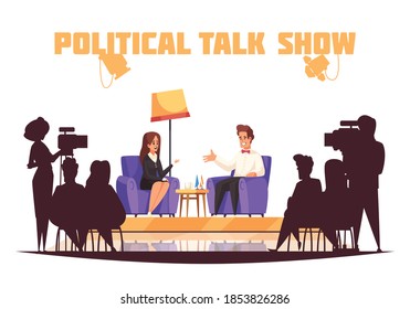 Political Talk Show Tv Program With Journalist Asking Questions To Politician In Front Of Audience  Vector Illustration