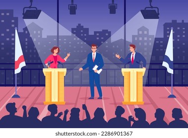 Political talk show. Two politico speaking on debate audience tv broadcast, professional speakers leader politics party public discussion in host studio, vector illustration of talking speak voting