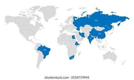 Mapa de Vector político de los países miembros de la organización intergubernamental BRICS - Brasil, Rusia, India, China, Sudáfrica, Irán, Egipto, Etiopía y los Emiratos Árabes Unidos