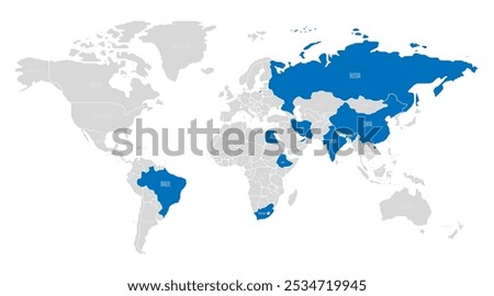 Political vector map of the BRICS intergovernmental organization member countries - Brazil, Russia, India, China, South Africa, Iran, Egypt, Ethiopia, and the United Arab Emirates