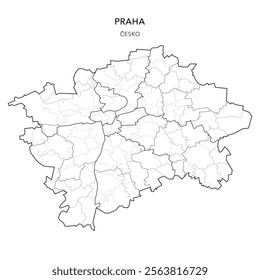 Political Vector Map of Prague (Praha) with Municipal Districts (Obvody), Administrative Districts (Správní Obvod), Municipal Parts (Městské Části) and Cadastral Areas (Katastrální Území) - Czechia