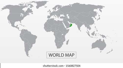 Political Vector Map of the world with clear borders with green highlighted Oman. Each country is isolated and selectable. Suitable for reports, statistics, infographics, templates. Silhouette backd