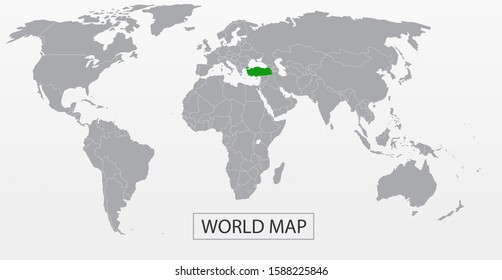 Political Vector Map of the world with clear borders with highlighted Turkey. Each country is isolated and selectable. Suitable for reports, statistics, infographics, templates. Silhouette backd
