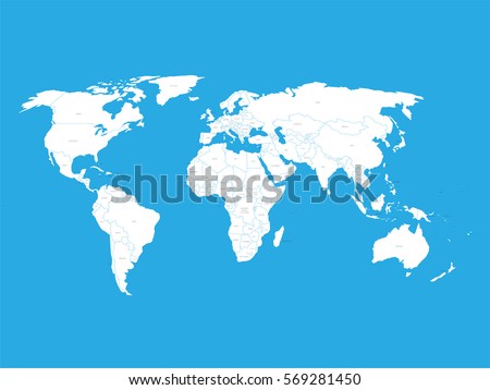 Political vector World Map with state name labels. White land with black text on blue background. Hand drawn simplified illustration.