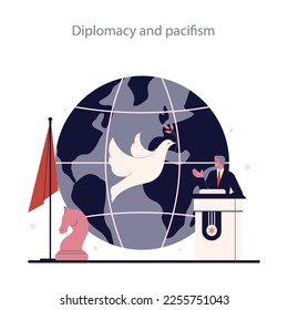 Political views spectrum. Left-wing politics principle. Diplomacy and pacifism, global negotiation and cooperation. Discussion and resolution of crisis situation. Flat vector illustration