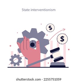 Political views spectrum. Left-wing politics principle. Economic state interventionism. Government intervention in the market process to correcting market failures. Flat vector illustration