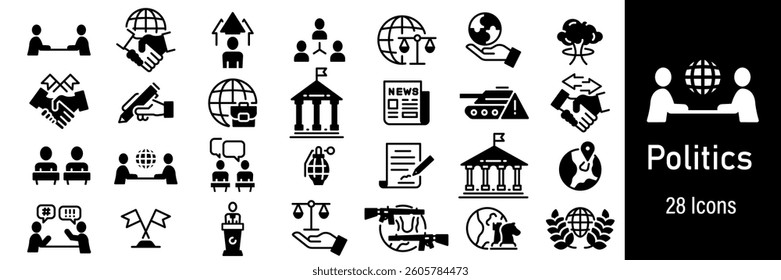 Political Web Icons. President, Deal, War, Peace, Agreement. Vector in Line Style Icons