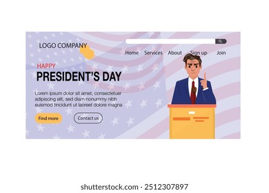 Anuncio de Sitio web político con un orador masculino en un podio con la bandera estadounidense de fondo