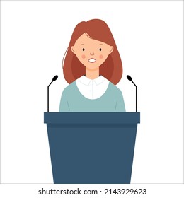 A political woman stands behind the podium. A woman makes a speech. Vector flat illustration
