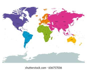 Political world colored by continents with country labels om white background. Simple flat vector illustration.